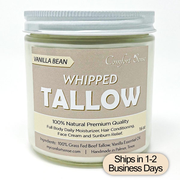 16oz Vanilla Bean Whipped Tallow, Grass fed Beef Tallow Moisturizer