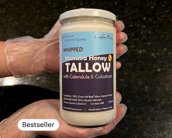 Manuka Honey & Beef Tallow with COLOSTRUM and CALENDULA Whipped Tallow Cream with 850+MGO Manuka Honey, Whipped Tallow, Grass fed fat