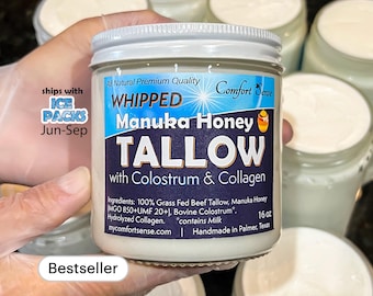 Collagen and Colostrum with Manuka Honey Tallow, All-Natural Whipped Tallow with 850+MGO Manuka Honey, Unscented Whipped Tallow
