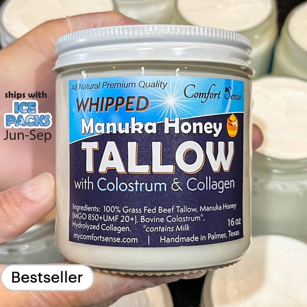 CALOSTRO y COLÁGENO Sebo de miel de Manuka, sebo batido totalmente natural con más de 850 MGO Miel de Manuka, sebo batido sin perfume