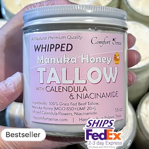 NIACINAMIDE and CALENDULA  with Manuka Honey Tallow, All-Natural Whipped Tallow with 850+MGO Manuka Honey, Unscented Whipped Tallow