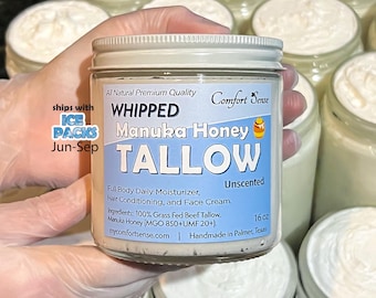Manuka Honey Tallow, All-Natural Whipped Tallow with 850+MGO Manuka Honey, Unscented Whipped Tallow, Grass fed Beef Tallow Moisturizer