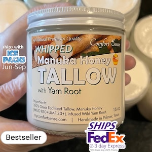 Beef Tallow with wild YAM ROOT and  Manuka Honey, All-Natural Whipped Tallow with 850+MGO Manuka Honey, Whole body moisturizer