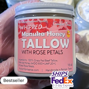 Rose Petals Manuka Honey & Beef tallow Whipped Tallow with 850+MGO Manuka Honey, Whipped Tallow,Whole body moisturizer