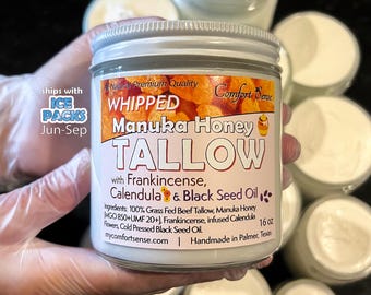 Beef Tallow with FRANKINCENSE and  CALENDULA & Black seed with Manuka Honey, Whipped Tallow with Manuka Honey, Whole body moisturizer