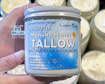 Collagen and CALENDULA  with Manuka Honey Tallow, All-Natural Whipped Tallow with 850+MGO Manuka Honey, Unscented Whipped Tallow
