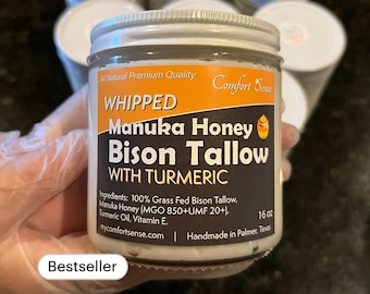 Turmeric Bison Whipped Tallow with Manuka Honey (850+MGO Manuka Honey), Whipped Tallow, Grass fed fat, Whole body moisturizer
