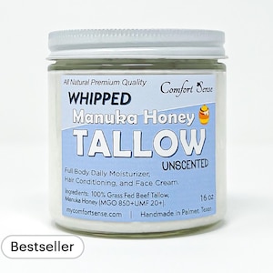 Organic Grass-Fed Beef Tallow with Manuka Honey-Moisturizing Cream for smooth and soft Skin, 850+MGO Manuka Honey, Unscented