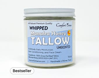 Manuka Honey Tallow, All-Natural Whipped Tallow with 850+MGO Manuka Honey, Unscented Whipped Tallow, Grass fed Beef Tallow Moisturizer