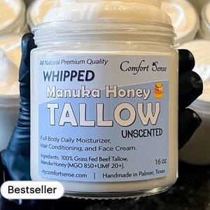 Manuka Honey Tallow, All-Natural Whipped Tallow with 850+MGO Manuka Honey, Unscented Whipped Tallow, Grass fed Beef Tallow Moisturizer