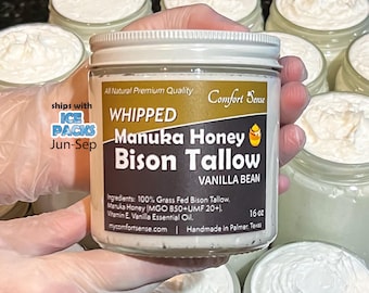 Vanilla Bean Manuka Honey & Bison Whipped Tallow Cream with 850+MGO Manuka Honey, Whipped Tallow, Grass fed fat, Whole body moisturizer