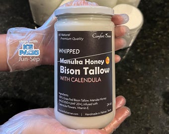 Crema di sego montata al miele di Manuka e bisonte con CALENDULA con 850+MGO di miele di Manuka, sego montato, grasso di animali nutriti con erba, idratante per tutto il corpo