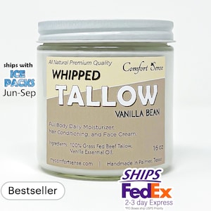 Whipped Tallow, Grass fed Beef Tallow Moisturizer,16oz Vanilla Bean Moisturizing Tallow