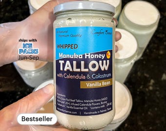 Face and Whole Body moisturizer Vanilla Bean Manuka Honey Beef Tallow with COLOSTRUM & CALENDULA Whipped Tallow, Manuka Honey, Whipped Tallo