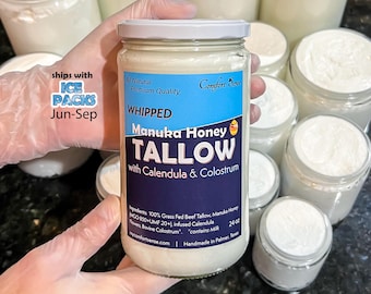 Manuka Honey & Beef Tallow with COLOSTRUM and CALENDULA Whipped Tallow Cream with 850+MGO Manuka Honey, Whipped Tallow, Grass fed fat