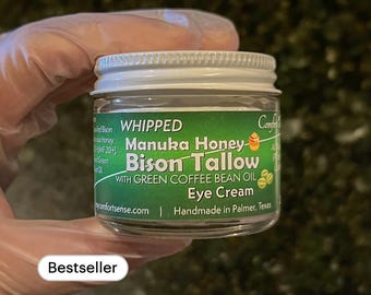 Green Coffee Bean EYE CREAM, Manuka Honey & Bison Whipped Tallow Eye Cream with 850+MGO Manuka Honey, Whipped Tallow, Grass fed fat 2 oz jar