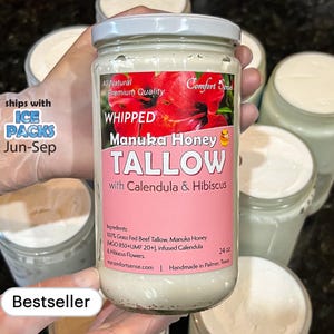 Face and Whole Body Moisturizer Manuka Honey & Beef Tallow with HIBISCUS and Calendula, Colostrum and 850+MGO Manuka Honey, Whipped Tallow