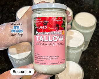 Face and Whole Body Moisturizer Manuka Honey & Beef Tallow with HIBISCUS and Calendula, Colostrum and 850+MGO Manuka Honey, Whipped Tallow