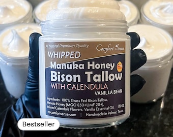 Vanilla bean Manuka Honey & Bison with CALENDULA Whipped Tallow Cream with 850+MGO Manuka Honey, Whipped Tallow, Grass fed fat