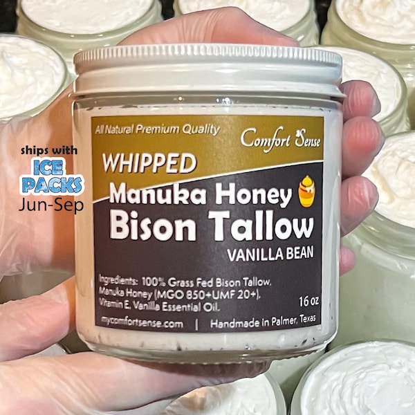 Crema batida de sebo con miel de Manuka y vainilla de bisonte con más de 850 MGO. Miel de Manuka, sebo batido, grasa de animales alimentados con pasto, hidratante corporal completo.