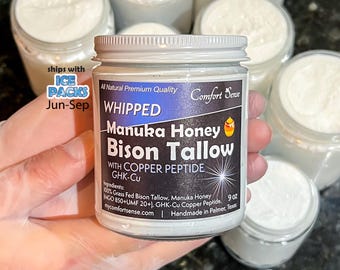 BLUE COPPER Peptide with Manuka Honey Bison Tallow, All-Natural Whipped Tallow with 850+MGO Manuka Honey, Unscented Whipped Tallow