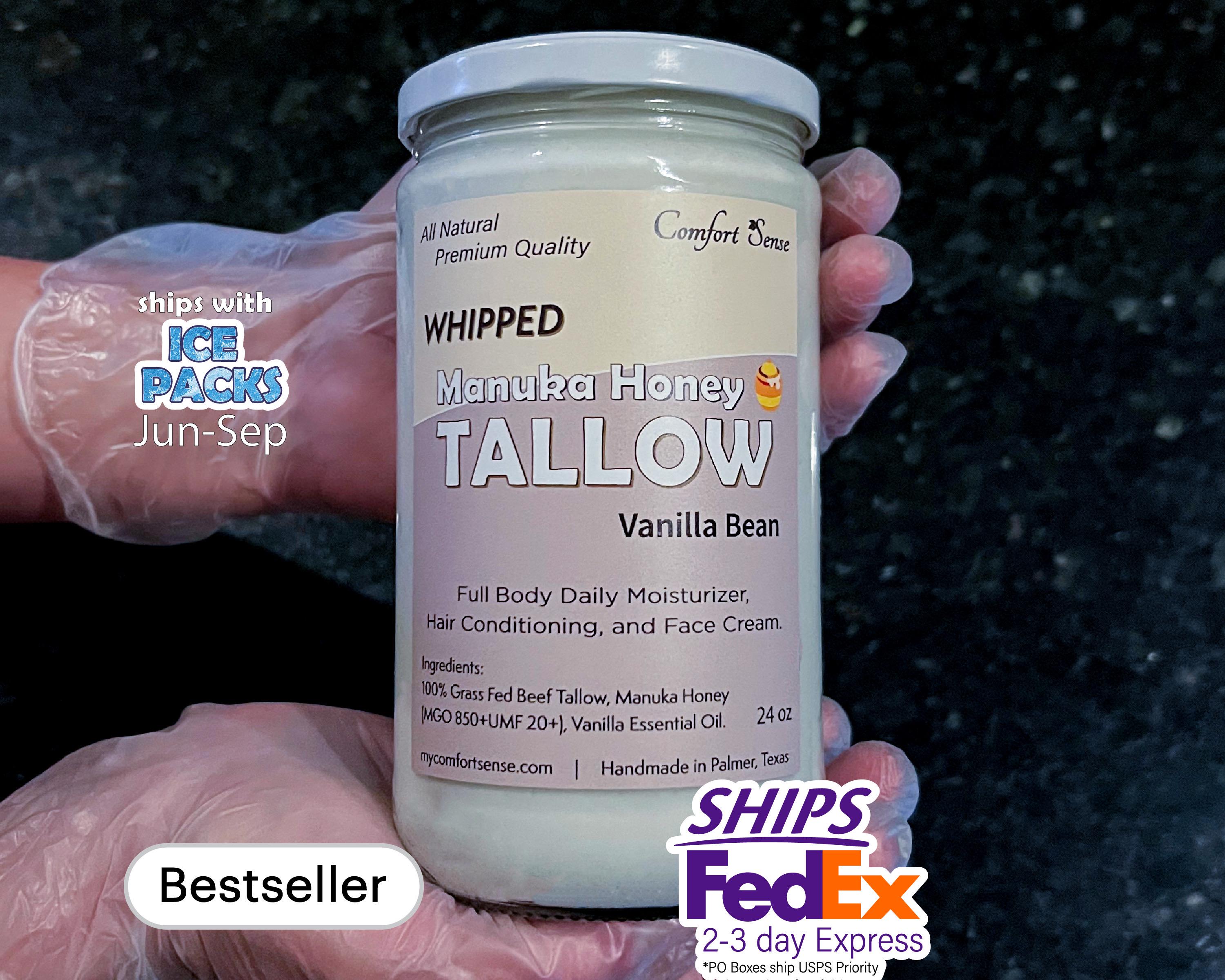 Manuka Honey & Vanilla Bean Whipped Tallow Cream with 850+MGO Manuka Honey, Whipped Tallow, Grass fed fat, Whole body moisturizer
