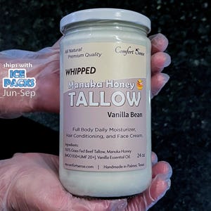 Manuka Honey & Vanilla Bean Whipped Tallow Cream with 850+MGO Manuka Honey, Whipped Tallow, Grass fed fat, Whole body moisturizer