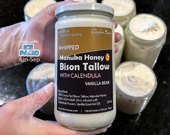 Crema batida de sebo de bisonte y miel de Manuka con vainilla, con más de 850 MGO de miel de Manuka, sebo batido, grasa de animales alimentados con pasto y humectante para todo el cuerpo.