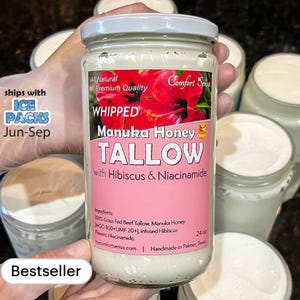 Face and Whole Body Moisturizer Manuka Honey & Beef Tallow with HIBISCUS and Calendula, Colostrum and 850+MGO Manuka Honey, Whipped Tallow