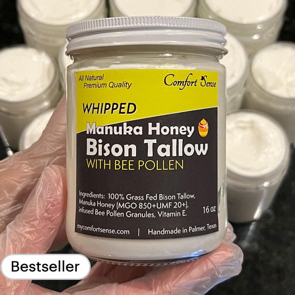 BEE POLLEN Manuka Honey & Bison Whipped Tallow Cream with 850+MGO Manuka Honey, Whipped Tallow, Grass fed fat, Whole body moisturizer