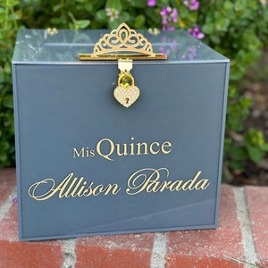 Quinceanera Money Card Box with Lock - Custom Engraved Gold Glitter Text. Mis Quince Personalized Card Box with Rhinestone Lock.