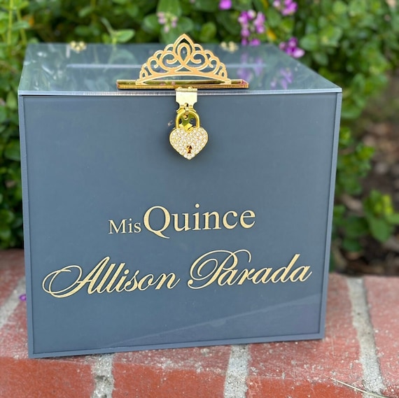 Quinceanera Money Card Box With Lock - Custom Engraved Gold