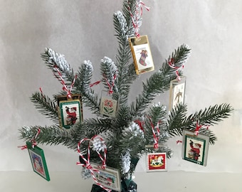 Vintage Stamps Christmas Mini Ornament Set of 8 / Acrylic Canceled Stamps 50's 60's, 70's, 90's