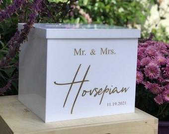 Personalized Wedding Card Box with Slot / White Elegance Acrylic 100 Cards/Made in USA
