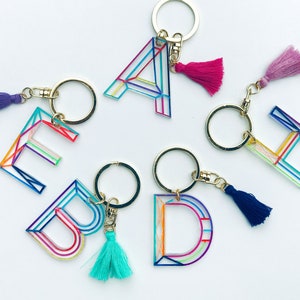 Initial Letter Tassel Keychain/ Hand painted - personalized gift, bridesmaid gifts, clear acrylic Keychain -Made in California