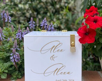 Acrylic Engraved Cursive Font Wedding Card Box with Slot with Rhinestone Lock and Key/100 Cards/Made in USA