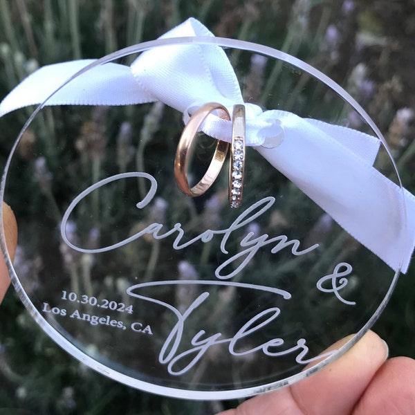 Modern Personalized Wedding Ring Bearer Acrylic Plate, Ring Holder, Custom Ring Bearer Pillow, Clear Acrylic Ring Holder