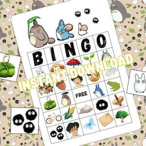 May include: A printable bingo card featuring characters and objects from the Studio Ghibli film, My Neighbor Totoro. The card has a free space in the centre and 24 other squares with images of Totoro, Catbus, soot sprites, and other characters from the film.
