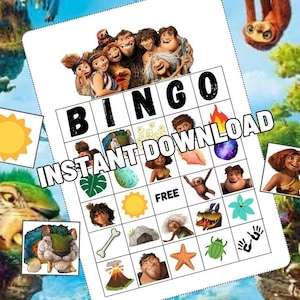 Può includere: Una scheda di bingo stampabile con personaggi e oggetti del film d'animazione "I Croods". La scheda ha uno spazio libero e 24 caselle con immagini di personaggi, oggetti e simboli del film. Il testo "INSTANT DOWNLOAD" è stampato in grandi caratteri su tutta la scheda.