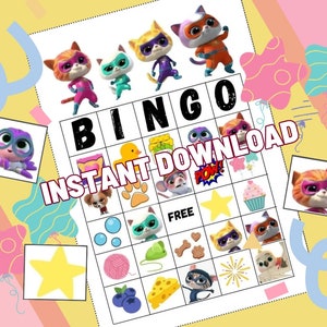 INSTANT DIGITAL DOWNLOAD Super Kitties Bingo Party Game - kitty cat birthday theme - hero - meow - junior - ginny sparks bitsy buddy