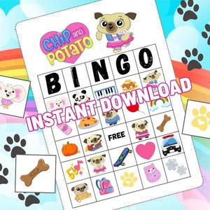 INSTANT DIGITAL DOWNLOAD Chip and Potato Bingo Party Game - pug birthday - toddler ideas - dog - mouse - rainbow - activity - kindergarten