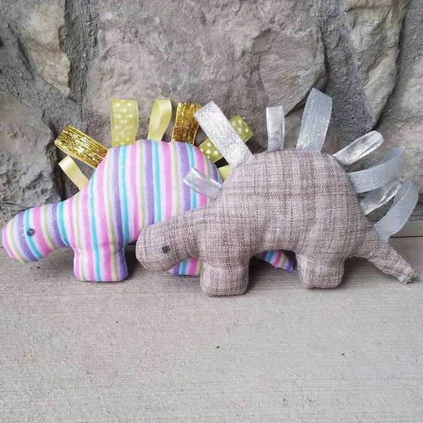 MANY COLOR OPTIONS - Dinosaur Stegosaurus Ribbon Tag Stuffie Baby Toy - dino - pink dinosaur nursery - baby shower gift - rawr