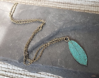 Patina Brass Leaf Necklace: Bohemian Layering Jewelry