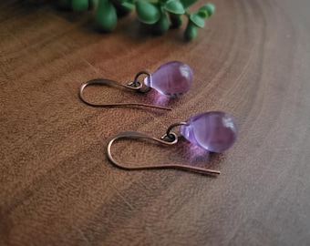 Purple Teardrop Glass Earrings: Hypoallergenic Silver or Copper