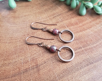 Picasso Glass Earrings, Czech Glass Earrings, Copper Hoop Earrings, Boho Earrings, Short Earrings, Small Earrings