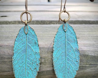 Patina Leaf Earrings: Boho Brass Dangle Jewelry