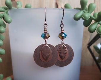 Colorful Glass & Copper Earrings, Boho Earrings, Glass Earrings, Copper Earrings, Boho Jewelry, Copper Jewelry, Dangle Earrings Holiday Gift