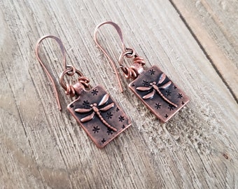 Etched Copper Dragonfly Earrings: Bohemian Nature Jewelry