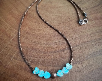 Turquoise Heart Necklace: Copper Beaded Bohemian Jewelry