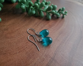 Turquoise Glass Earrings, Short Earrings, Teardrop Earrings, Glass Drop Earrings, Blue Glass Jewelry, Turquoise Earrings, Gift for Her